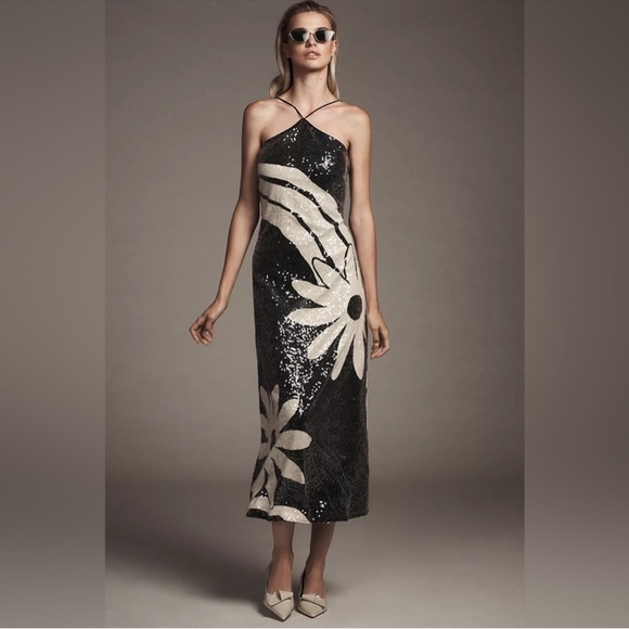 Anthropologie Farm Rio Halter Sequin
Column Midi Maxi Dress Floral Black Ivory - Picture 1 of 9